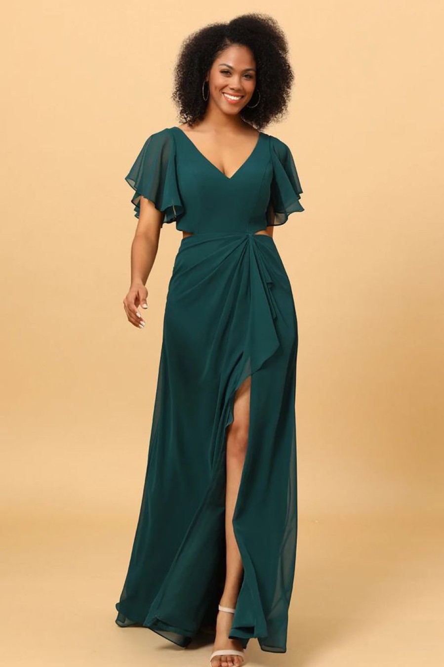 Homrain Hollow-Out Chiffon Green Bridesmaid Dress With Ruffles Sleeves | Wedding Guest Dresses