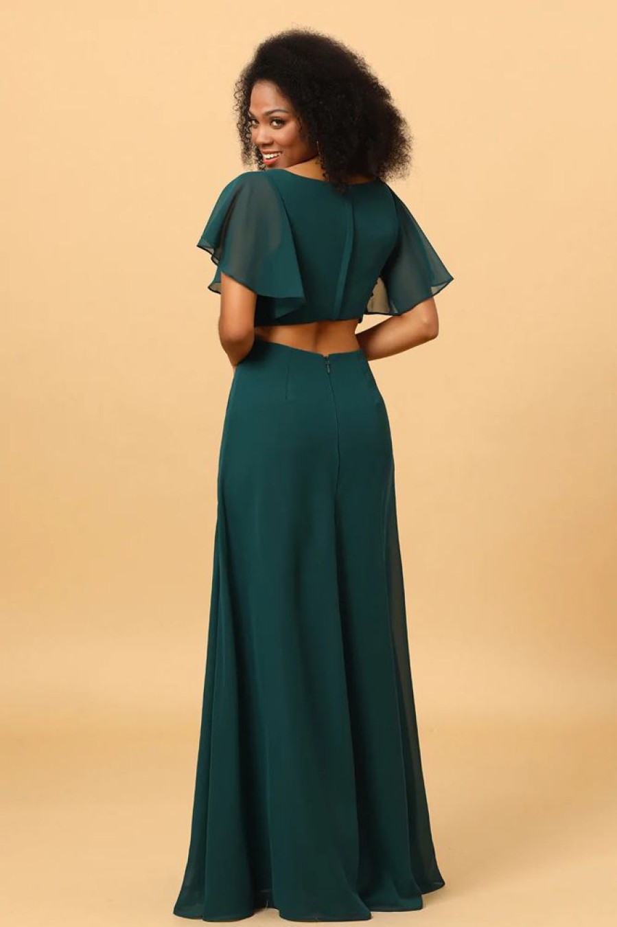 Homrain Hollow-Out Chiffon Green Bridesmaid Dress With Ruffles Sleeves | Wedding Guest Dresses