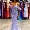 Homrain Mermaid Off The Shoulder Long Prom Dress With Feathers | Purple Prom Dresses