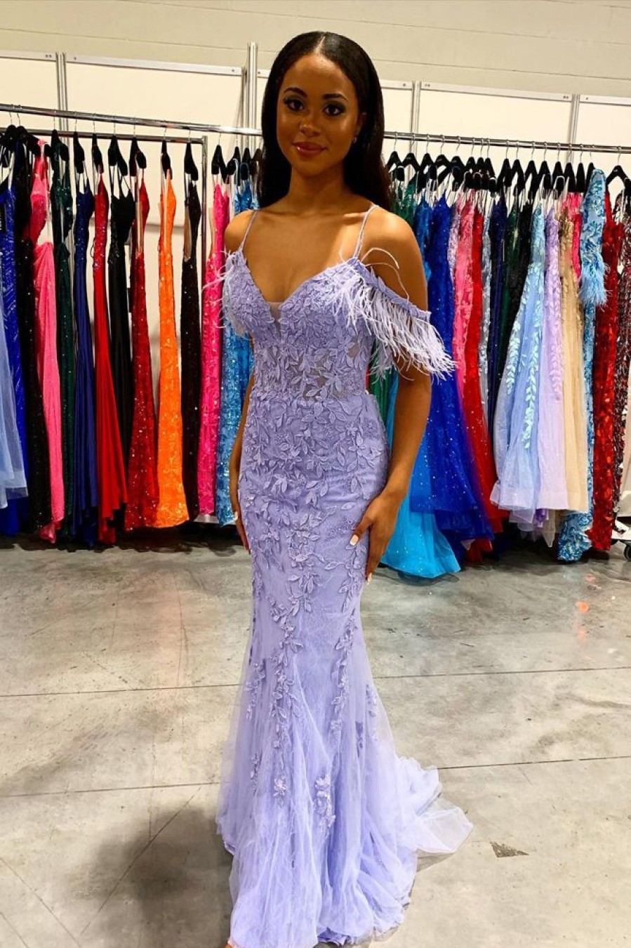 Homrain Mermaid Off The Shoulder Long Prom Dress With Feathers | Purple Prom Dresses