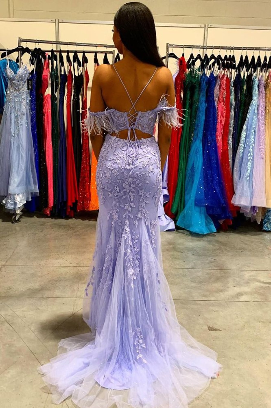 Homrain Mermaid Off The Shoulder Long Prom Dress With Feathers | Purple Prom Dresses