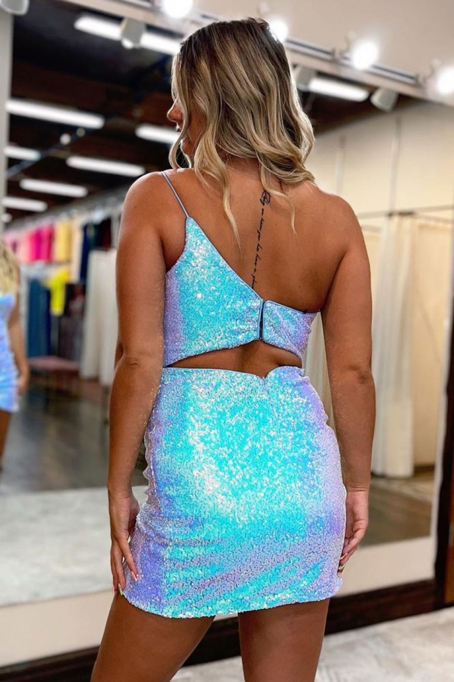 Homrain Open Back One Shoulder Sequins Tight Short Homecoming Dress | Blue Hoco Dresses