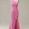 Homrain Sequined One Shoulder Mermaid Prom Dress With Slit | Hot Pink Prom Dresses