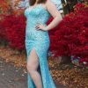 Homrain Plus Size Sparkly Sequins Long Prom Dress With Slit | Blue Prom Dresses