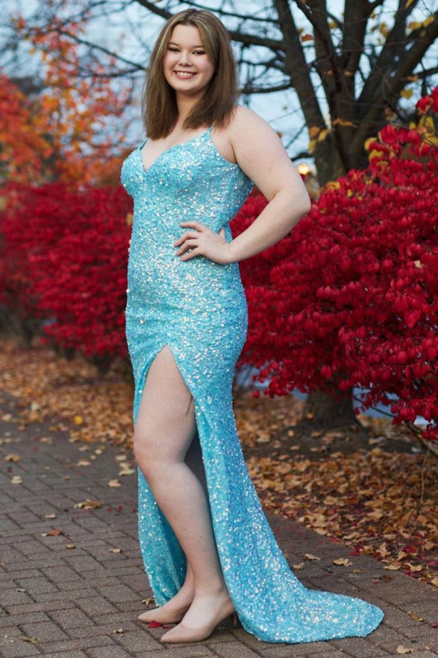 Homrain Plus Size Sparkly Sequins Long Prom Dress With Slit | Blue Prom Dresses