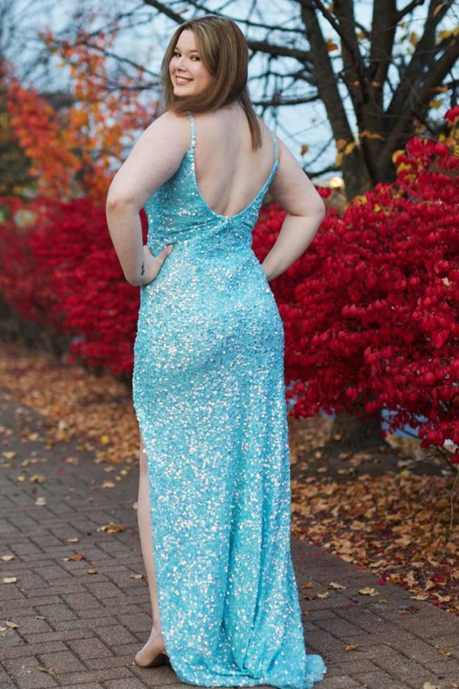 Homrain Plus Size Sparkly Sequins Long Prom Dress With Slit | Blue Prom Dresses