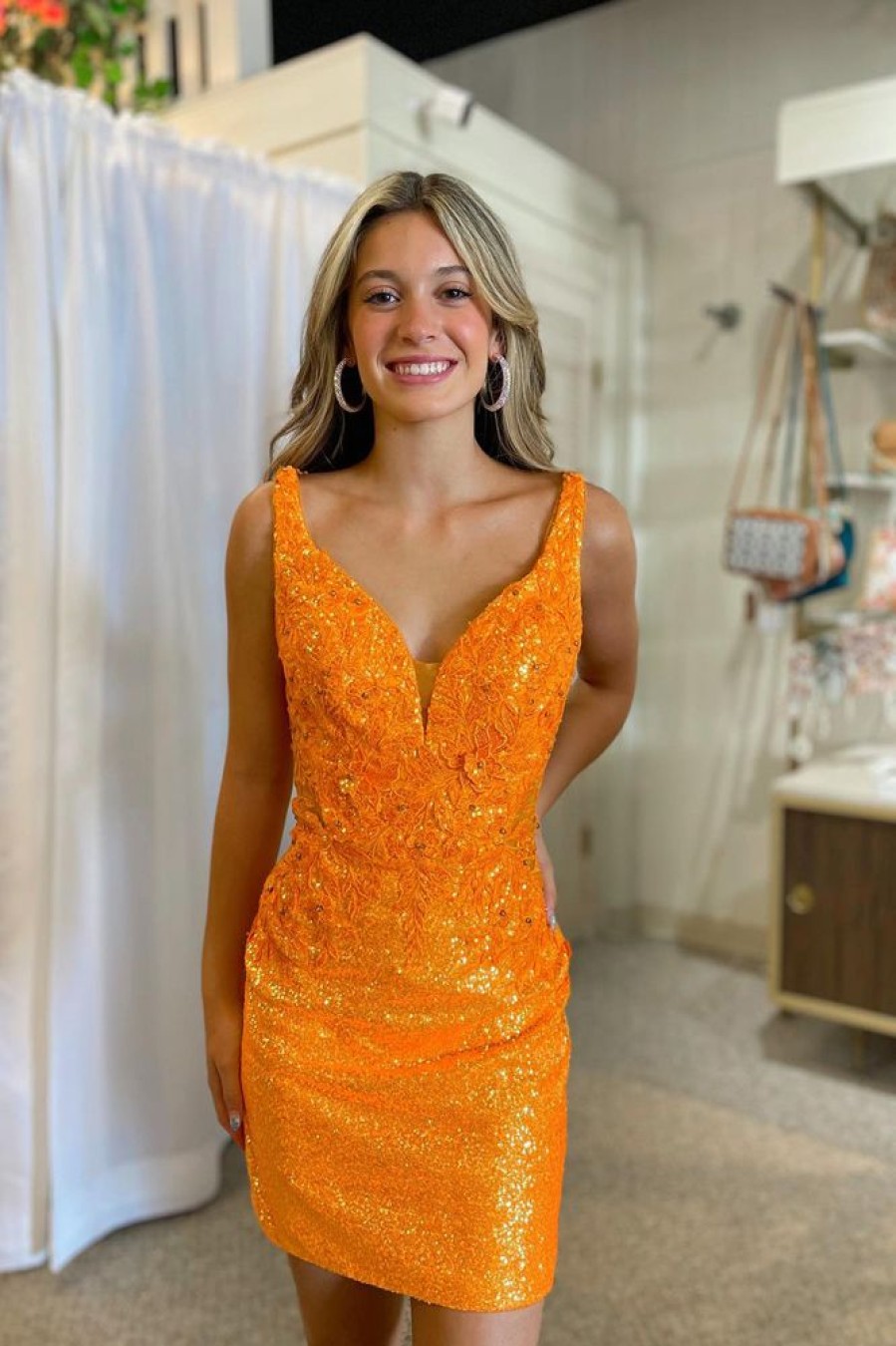 Homrain Glitter Corset Sequins Tight Short Homecoming Dress With Appliques | Orange Hoco Dresses