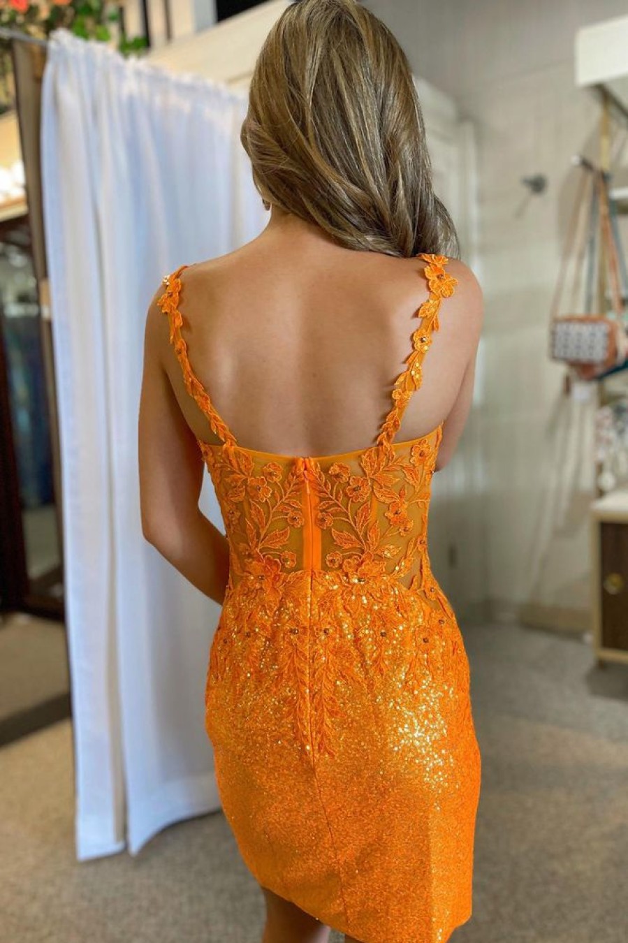 Homrain Glitter Corset Sequins Tight Short Homecoming Dress With Appliques | Orange Hoco Dresses