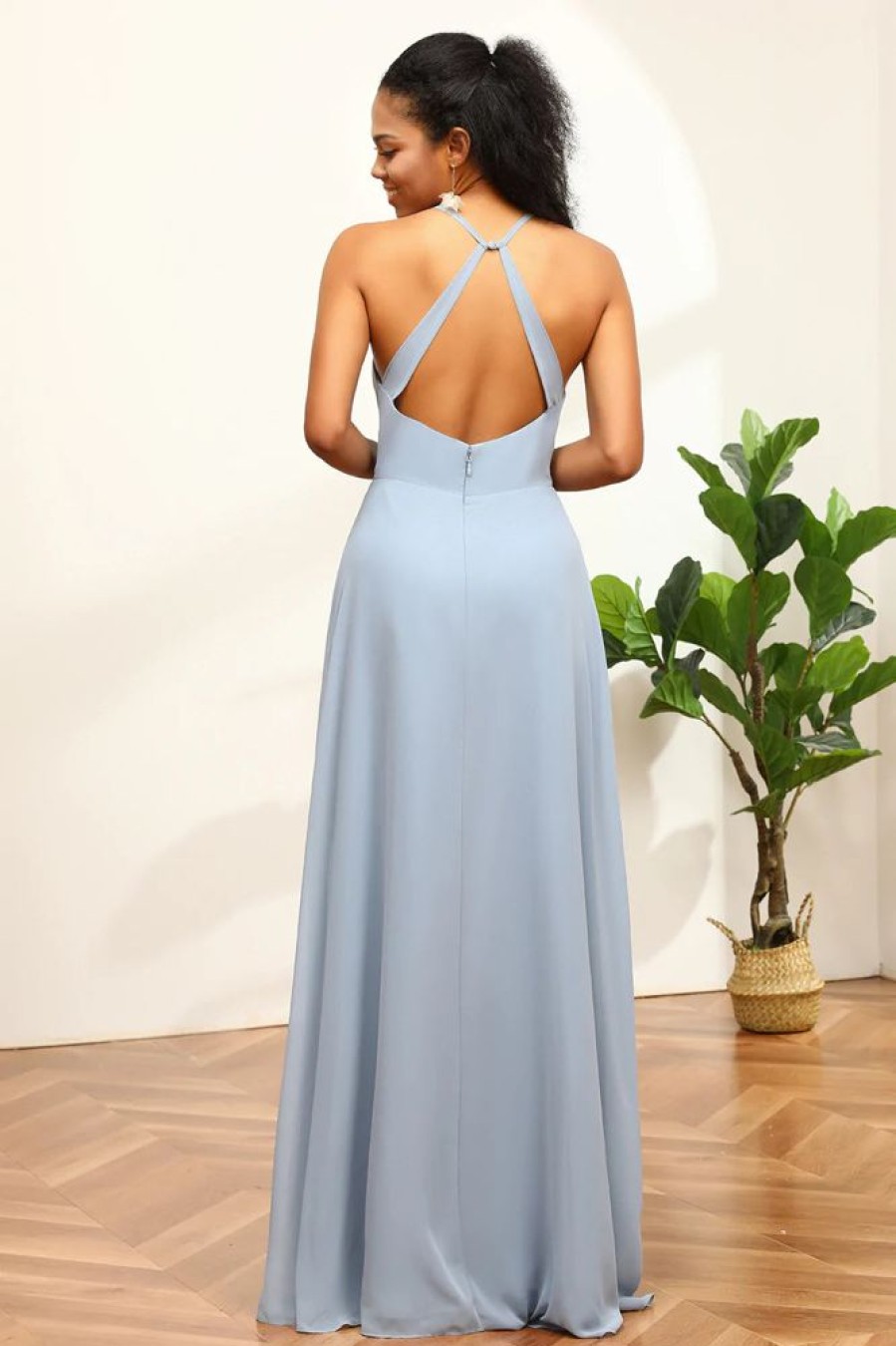 Homrain Dusty Blue Halter Blackless Bridesmaid Dress | Bridesmaid Dress Under 100