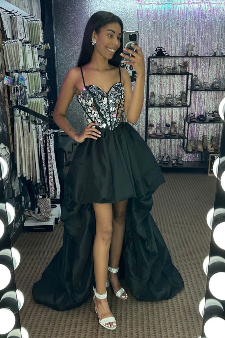 Homrain Sparkly High Low Satin A-Line Mirror Homecoming Dress | Black Prom Dresses