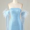 Homrain Detachable Sleeves Blue Tight Homecoming Dress With Feathers | Blue Hoco Dresses