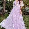 Homrain Purple V-Neck Embroidery Long Prom Dress With Sleeves | Purple Prom Dresses