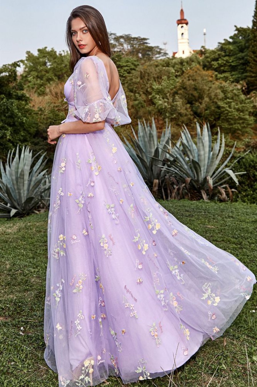 Homrain Purple V-Neck Embroidery Long Prom Dress With Sleeves | Purple Prom Dresses