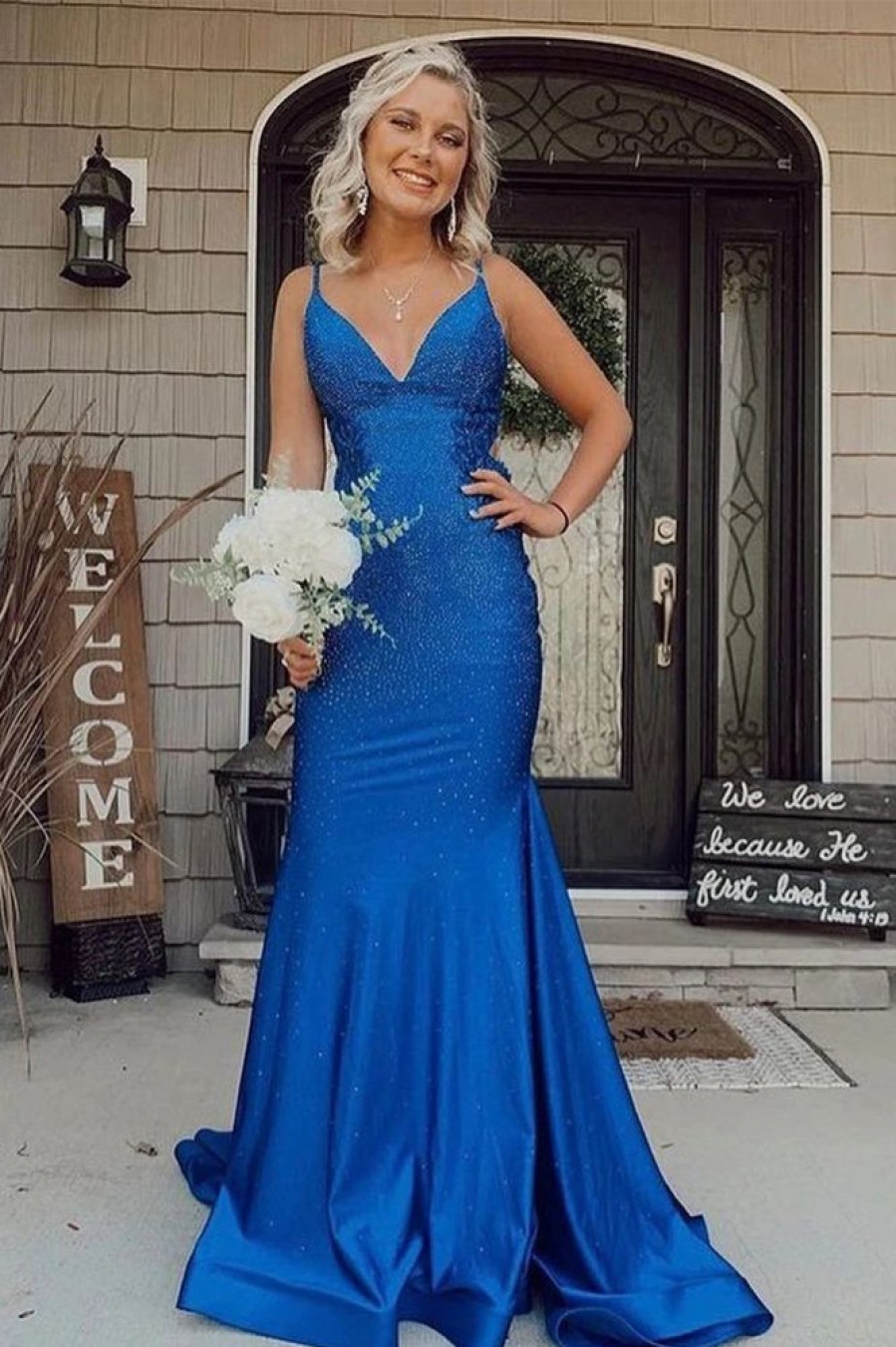 Homrain Mermaid Backless Long Prom Dress Evening Dress | Blue Prom Dresses