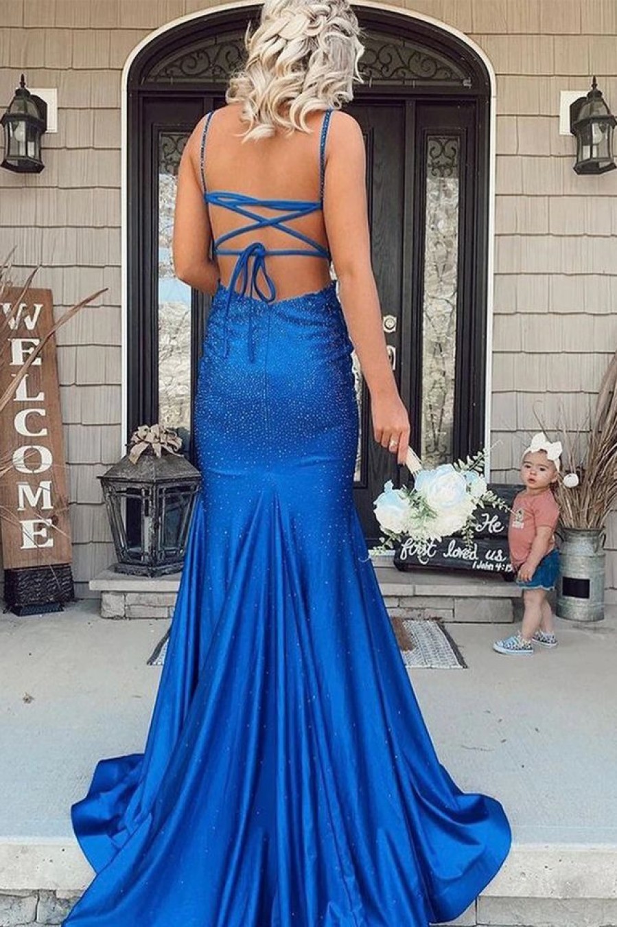 Homrain Mermaid Backless Long Prom Dress Evening Dress | Blue Prom Dresses