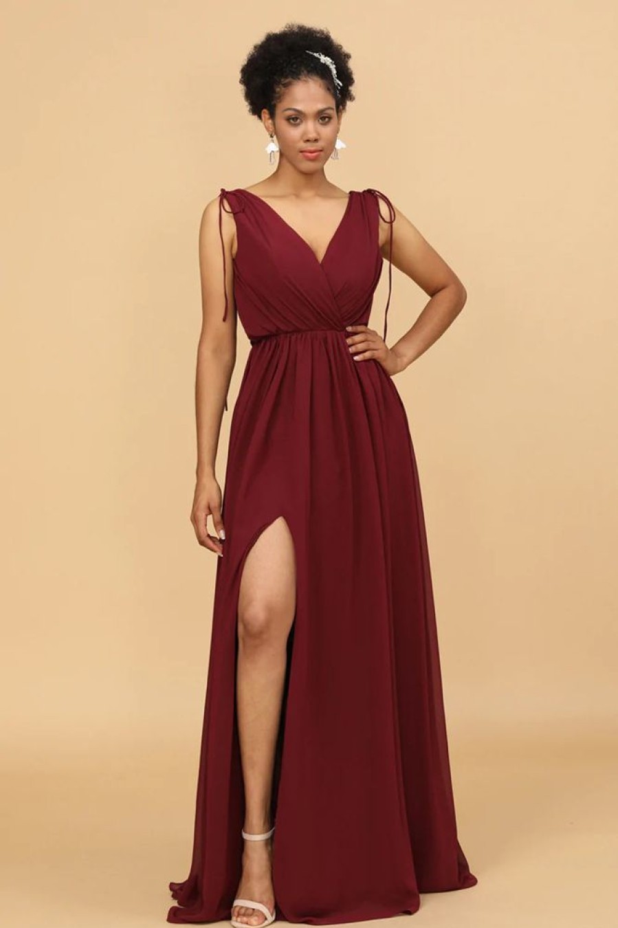 Homrain V-Neck Lace Up Bridesmaid Dress With Slit | Bridesmaid Dress Under 100