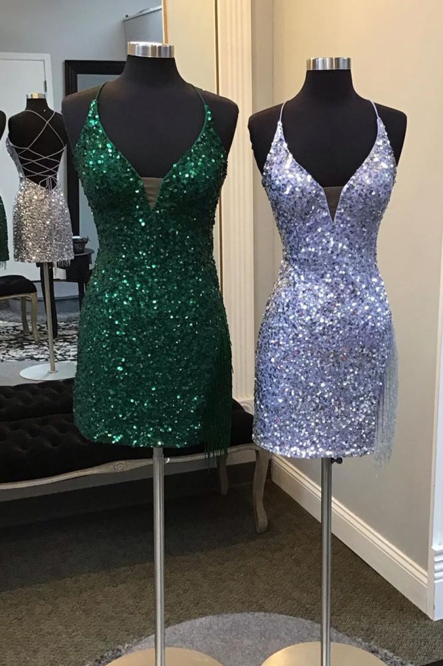 Homrain Sparkly Sequin Tight Homecoming Dress With Fringes | Green Hoco Dresses