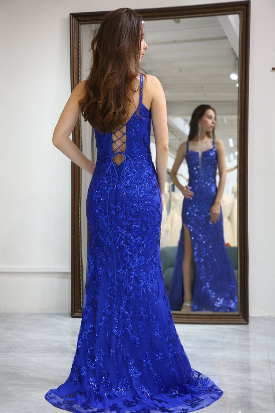 Homrain Glitter Mermaid Long Prom Dress With Slit | Blue Prom Dresses