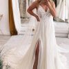 Homrain A-Line Watteau Train Boho Long Chiffon Wedding Dress With Lace | Lace Wedding Dresses