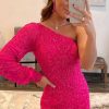 Homrain Beaded Sequins One Shoulder Tight Homecoming Dress | Hot Pink Hoco Dresses