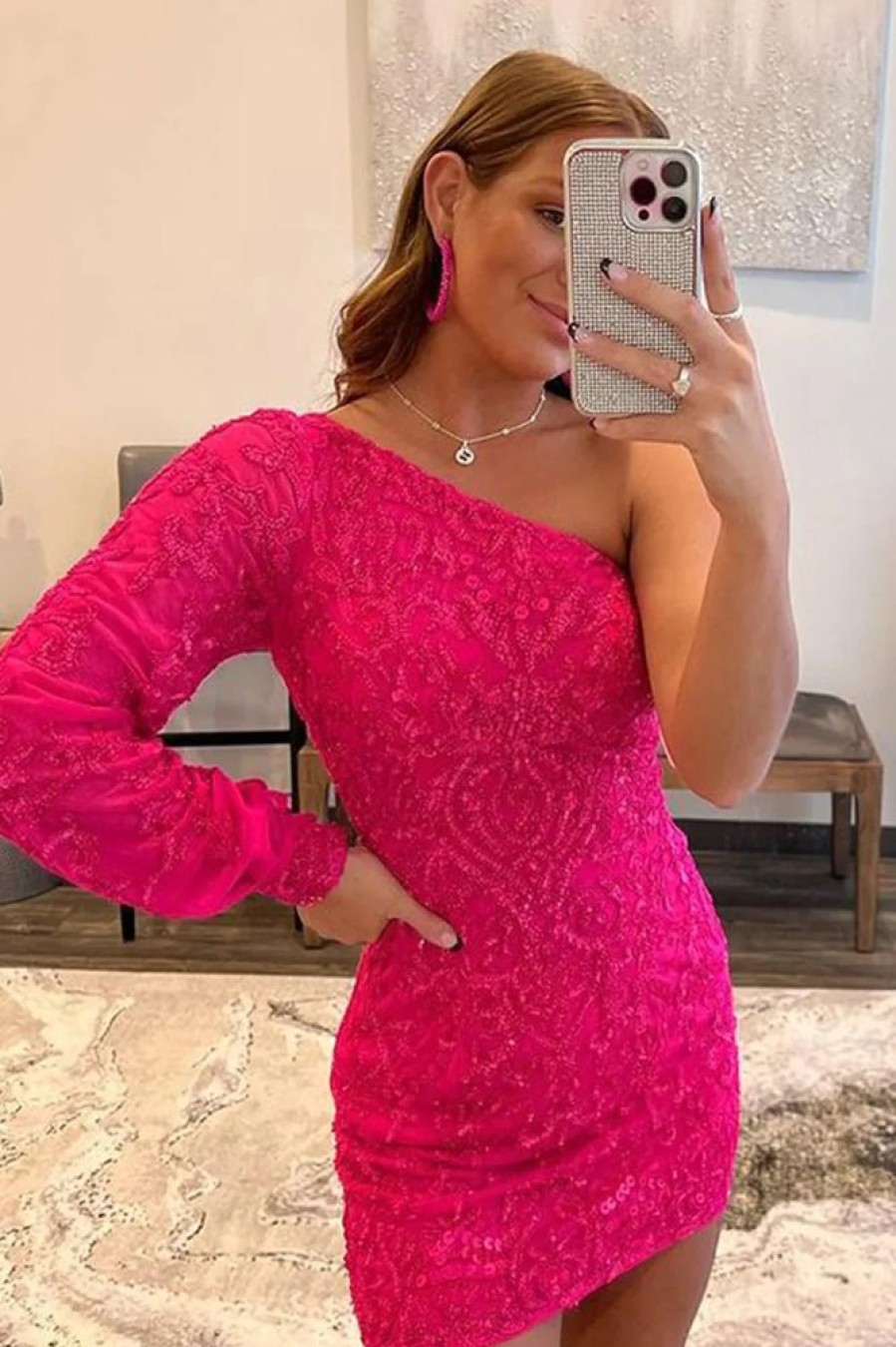 Homrain Beaded Sequins One Shoulder Tight Homecoming Dress | Hot Pink Hoco Dresses