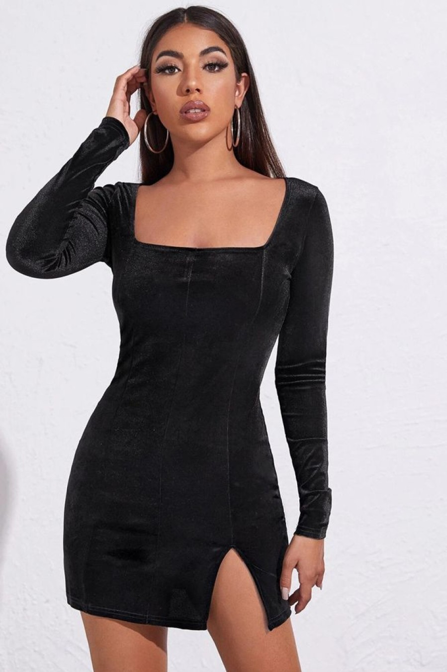 Homrain Long Sleeves Velvet Little Dress With Slit | Black Hoco Dresses