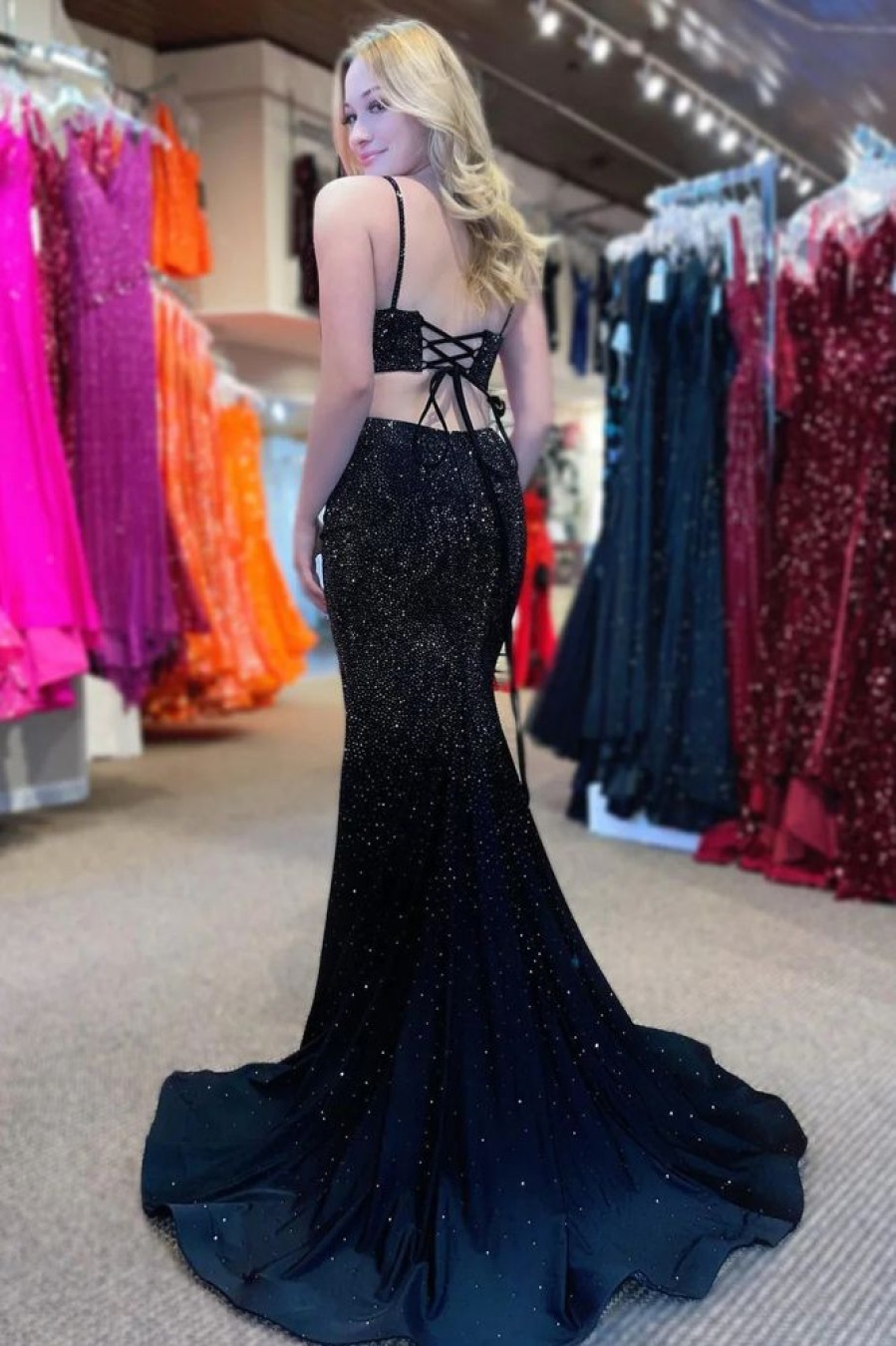 Homrain Mermaid Spaghettti Straps Sequins Long Prom Dress With Split Front | Black Prom Dresses