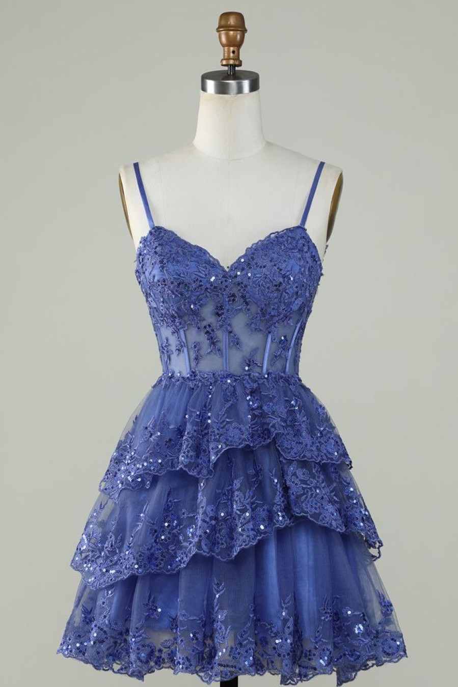 Homrain Cute A Line Spaghetti Straps Sparkly Corset Homecoming Dress | Blue Hoco Dresses