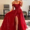 Homrain Sparkly Detachable Train Sequins Long Prom Dress With Slit | Red Prom Dresses