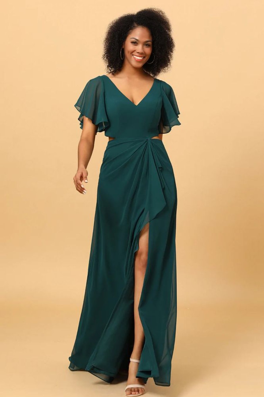 Homrain Hollow-Out Chiffon Green Bridesmaid Dress With Ruffles Sleeves | Bridesmaid Dresses