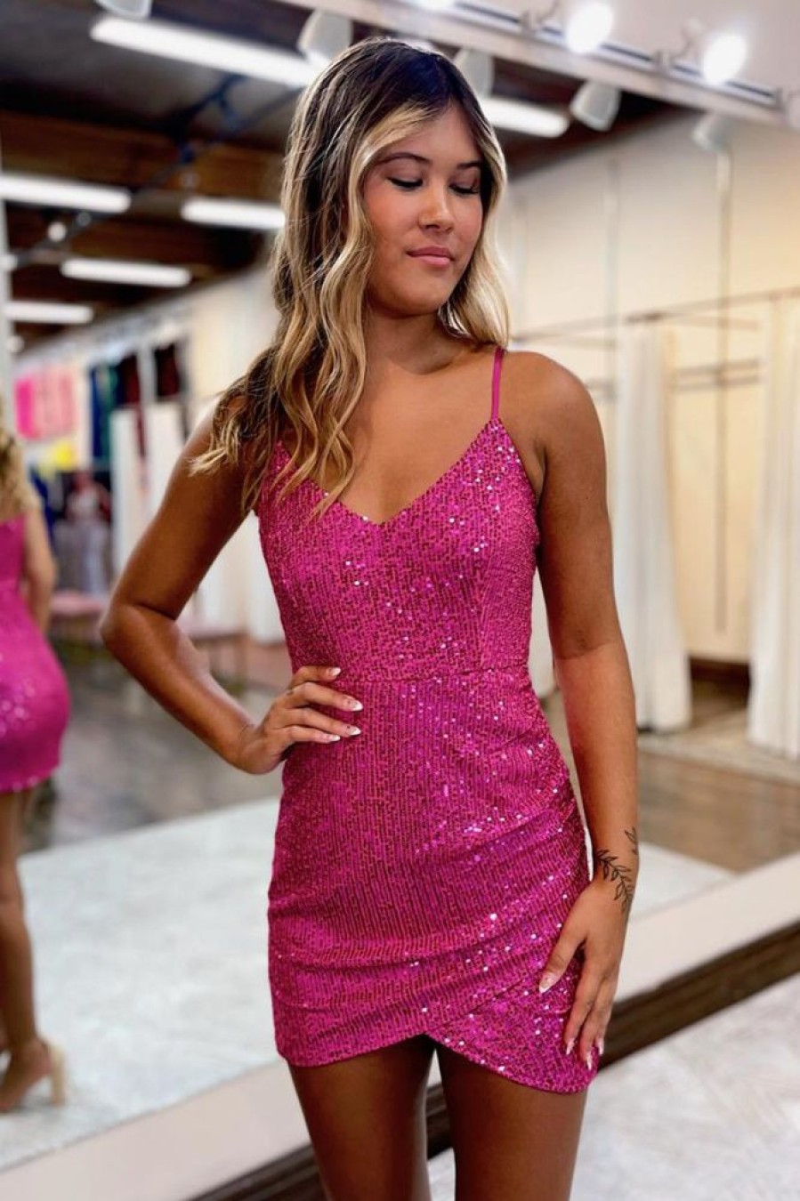 Homrain Sparkly Sequins Asymmetrical Tight Short Homecoming Dress | Pink Hoco Dresses