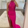 Homrain Sheath Halter Hot Pink Beading Long Prom Dress With Open Back | Hot Pink Prom Dresses