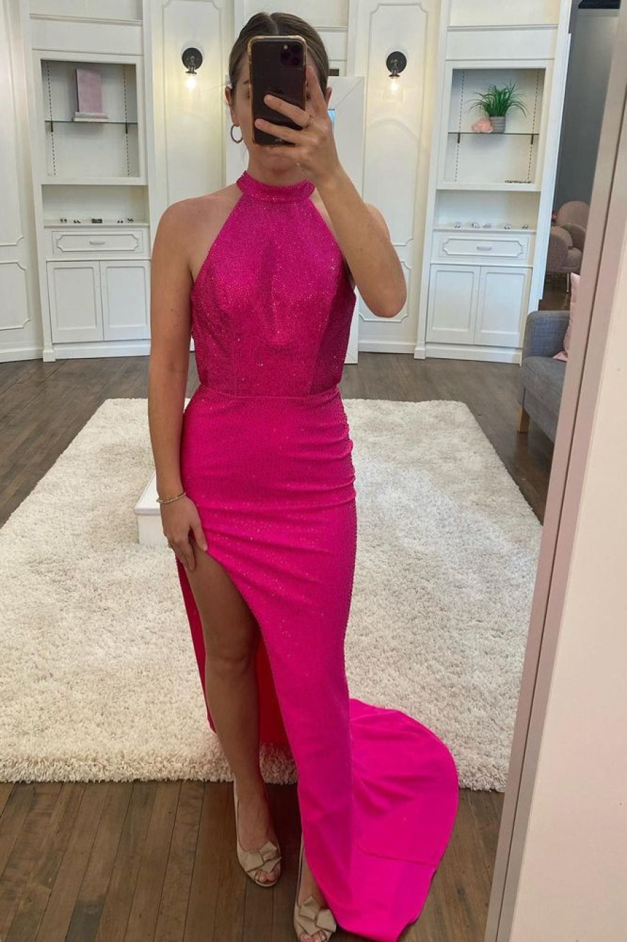 Homrain Sheath Halter Hot Pink Beading Long Prom Dress With Open Back | Hot Pink Prom Dresses