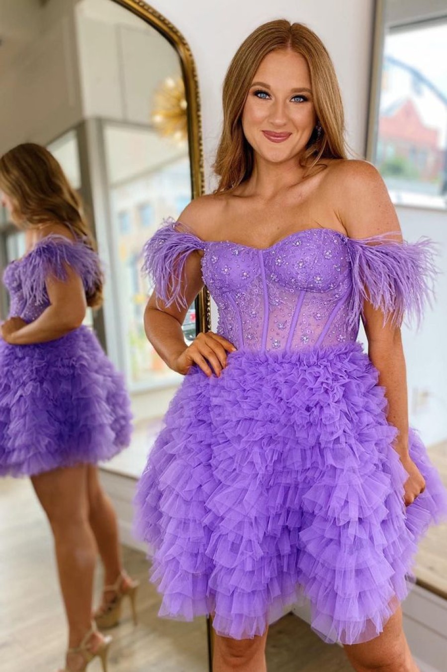 Homrain Sparkly Corset A-Line Short Homecoming Dress With Feathers | Purple Hoco Dresses