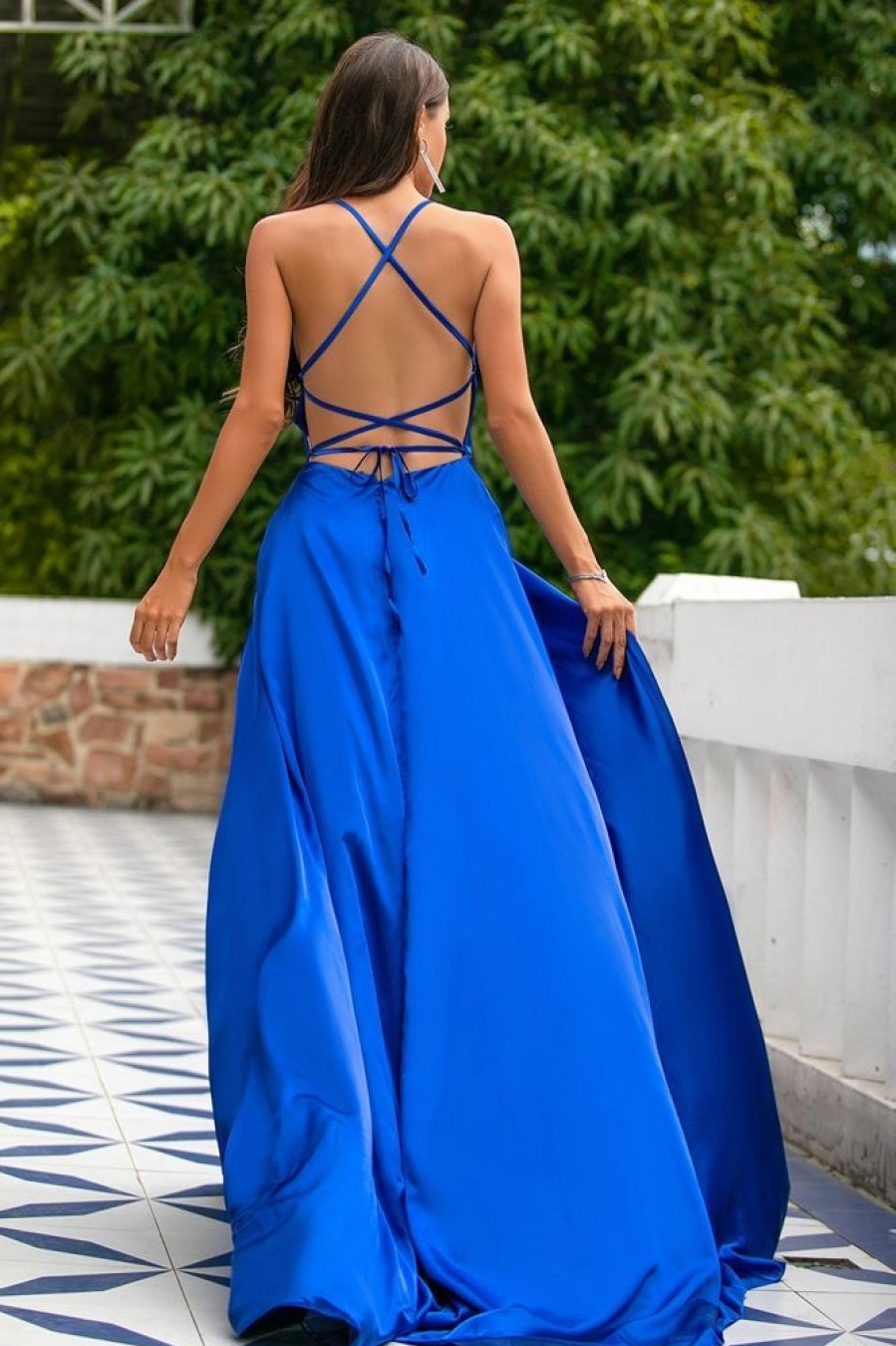 Homrain Backless Satin Prom Dress | Blue Prom Dresses