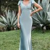 Homrain Grey Blue Satin Simple Prom Dress With Ruffles | Blue Prom Dresses