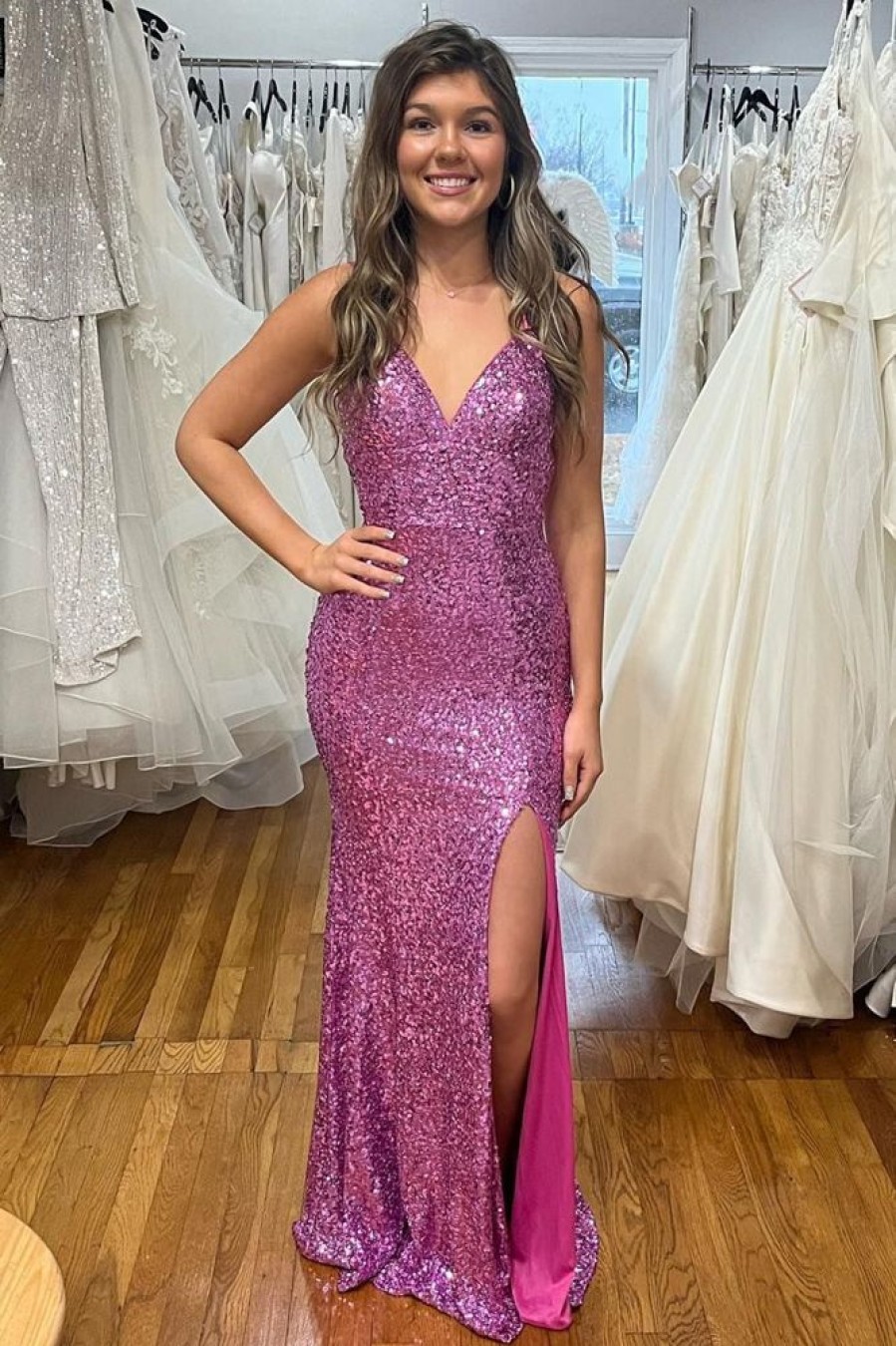 Homrain Sparkly Mermaid Sequins Long Prom Dress With Slit | Purple Prom Dresses