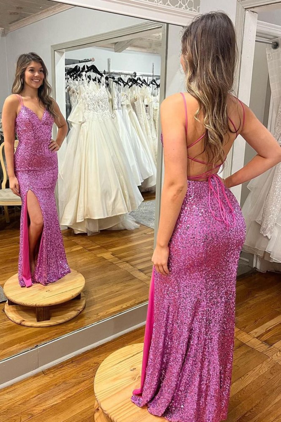 Homrain Sparkly Mermaid Sequins Long Prom Dress With Slit | Purple Prom Dresses