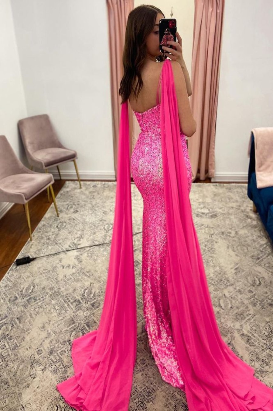 Homrain V-Neck Mermaid Sparkly Sequins Long Prom Dress With Slit | Hot Pink Prom Dresses