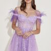 Homrain Lavender Off Shoulder Homecoming Dress With Feathers | Purple Hoco Dresses