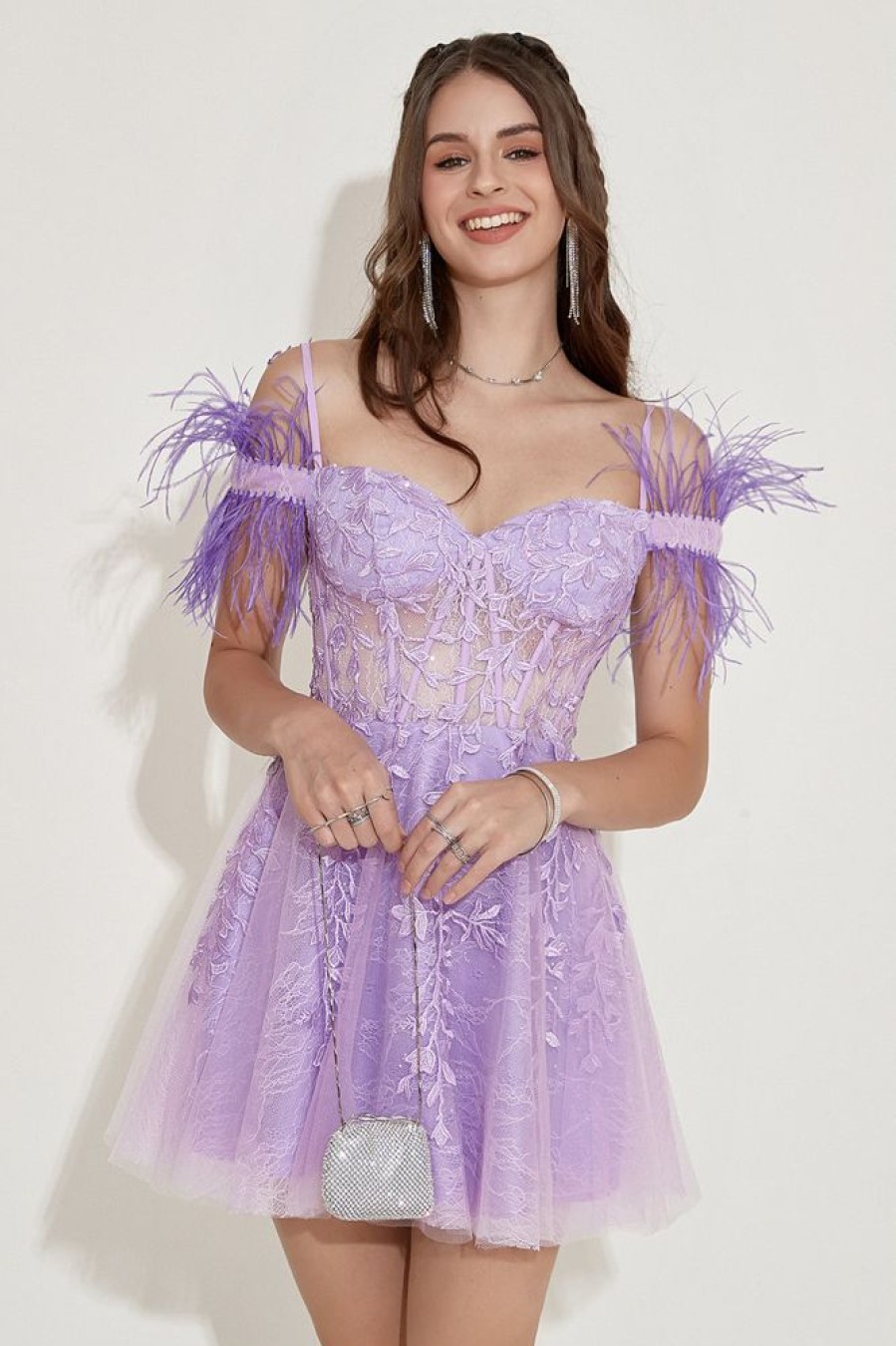 Homrain Lavender Off Shoulder Homecoming Dress With Feathers | Purple Hoco Dresses