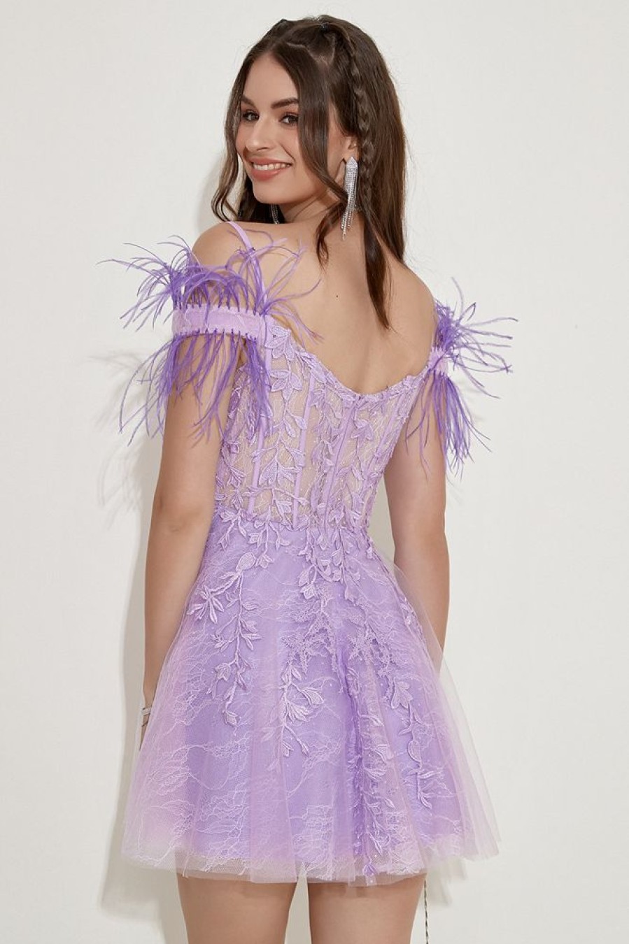 Homrain Lavender Off Shoulder Homecoming Dress With Feathers | Purple Hoco Dresses