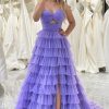 Homrain Tulle A Line Long Tiered Prom Dress With Front Slit | Purple Prom Dresses