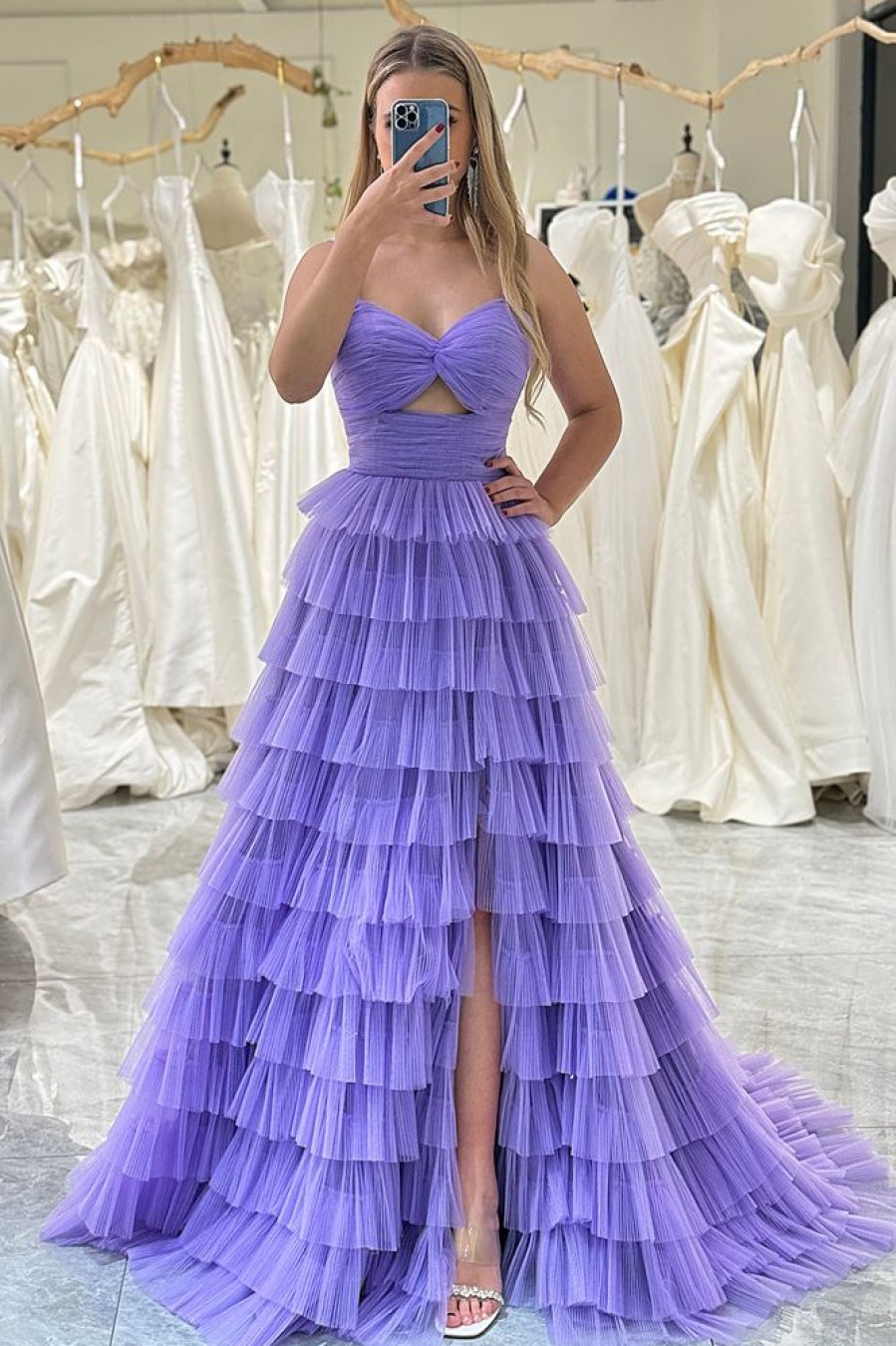 Homrain Tulle A Line Long Tiered Prom Dress With Front Slit | Purple Prom Dresses