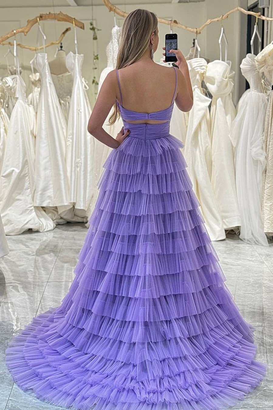 Homrain Tulle A Line Long Tiered Prom Dress With Front Slit | Purple Prom Dresses