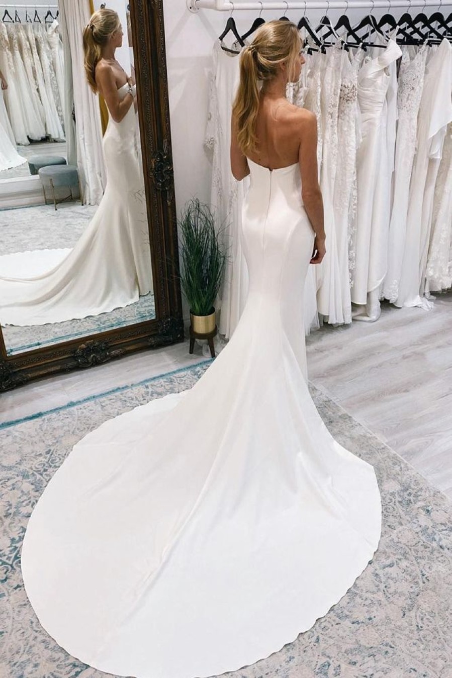 Homrain Simple Sweep Train Boho Long Mermaid Wedding Dress | Mermaid Wedding Dresses