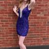 Homrain Sparkly Beaded Backless Sequins Tight Short Homecoming Dress | Purple Hoco Dresses