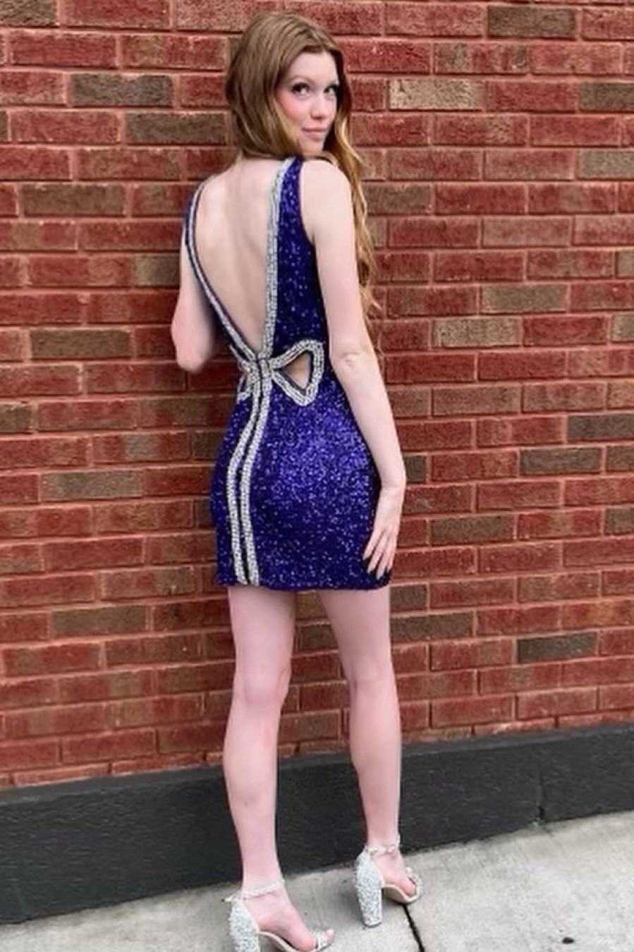 Homrain Sparkly Beaded Backless Sequins Tight Short Homecoming Dress | Purple Hoco Dresses