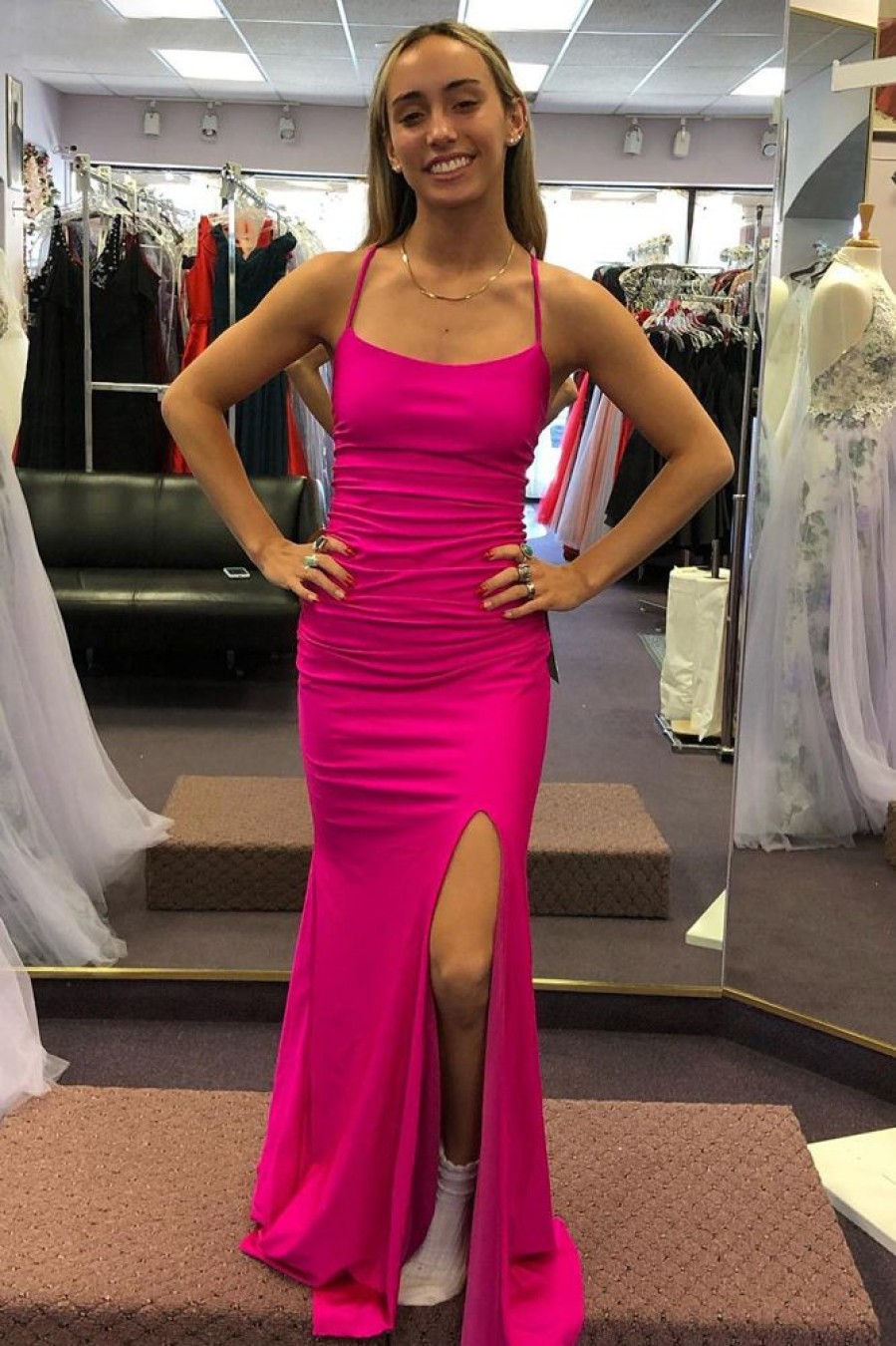 Homrain Sheath Spaghetti Straps Hot Pink Long Prom Dress With Silt | Hot Pink Prom Dresses