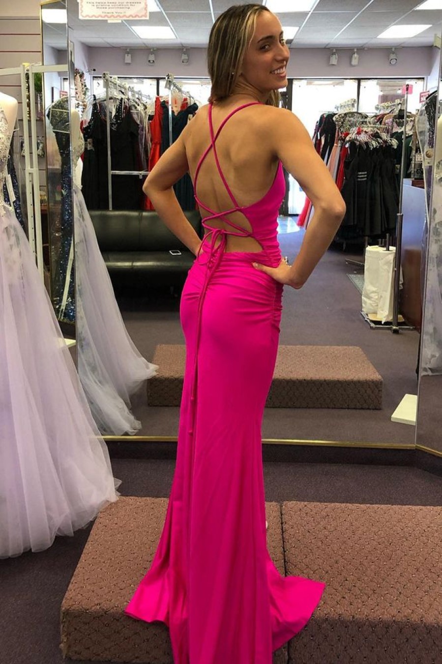 Homrain Sheath Spaghetti Straps Hot Pink Long Prom Dress With Silt | Hot Pink Prom Dresses